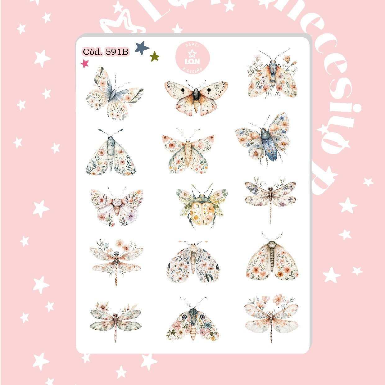 Sticker botánico bichito mariposa escarabajo 591