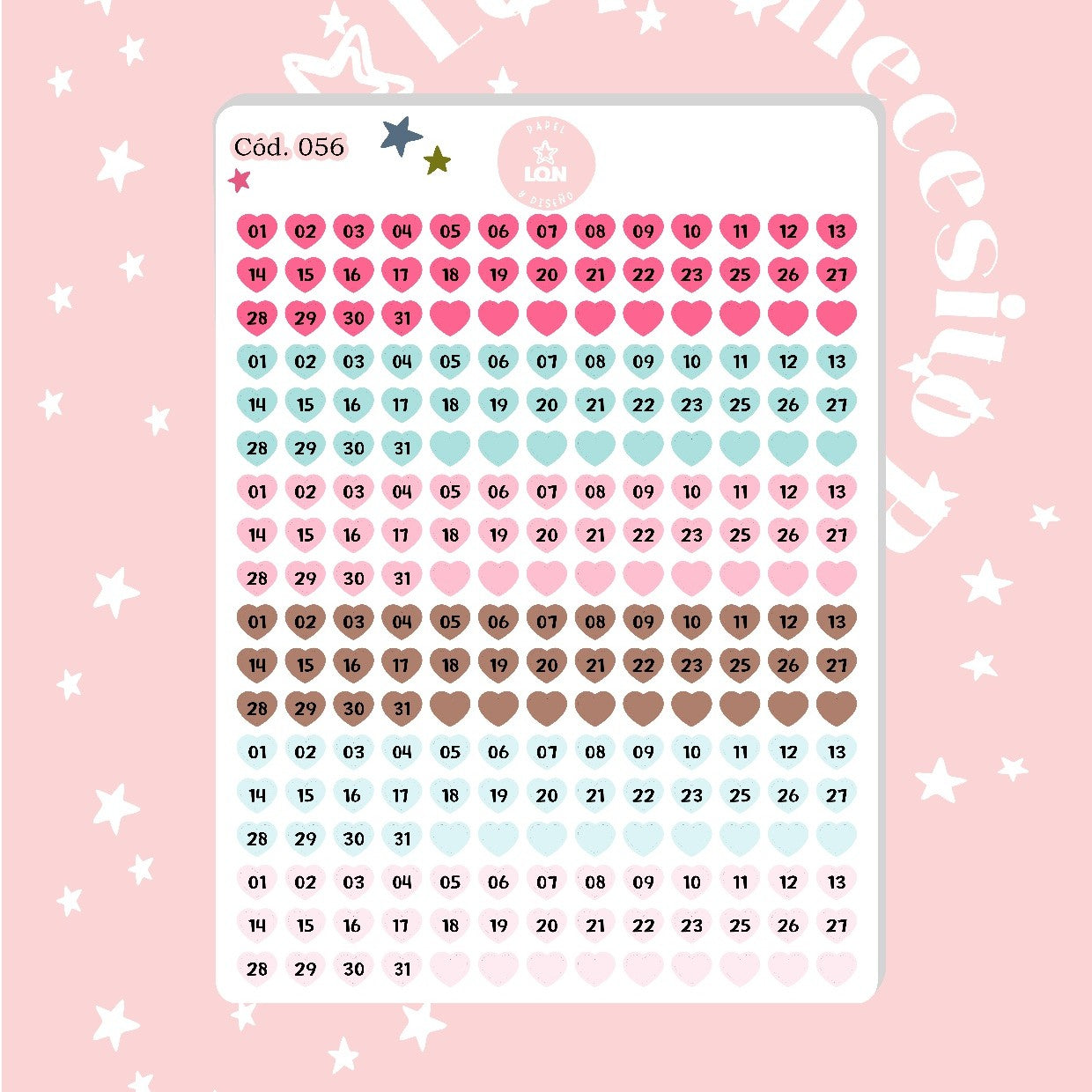 Sticker números meses días de la semana corazón 056