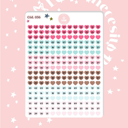 Sticker números meses días de la semana corazón 056