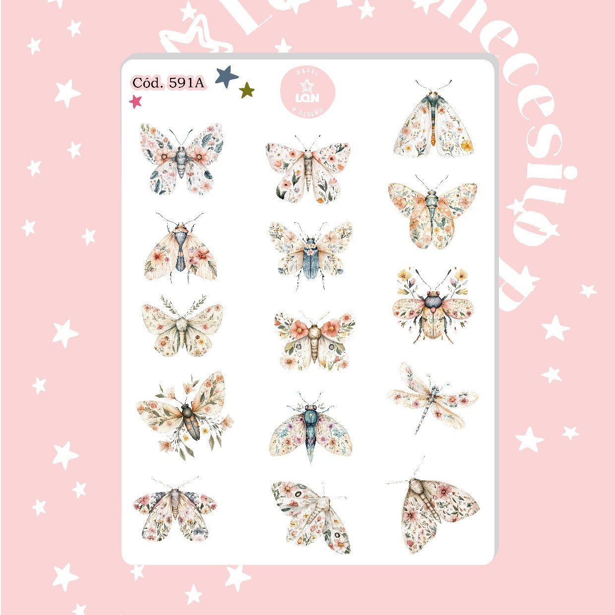 Sticker botánico bichito mariposa escarabajo 591