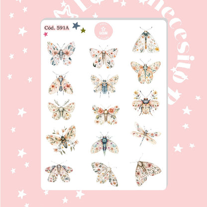 Sticker botánico bichito mariposa escarabajo 591