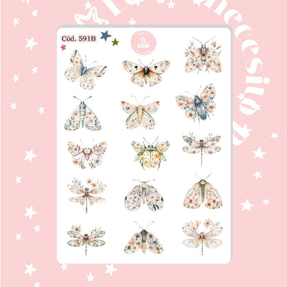 Sticker botánico bichito mariposa escarabajo 591