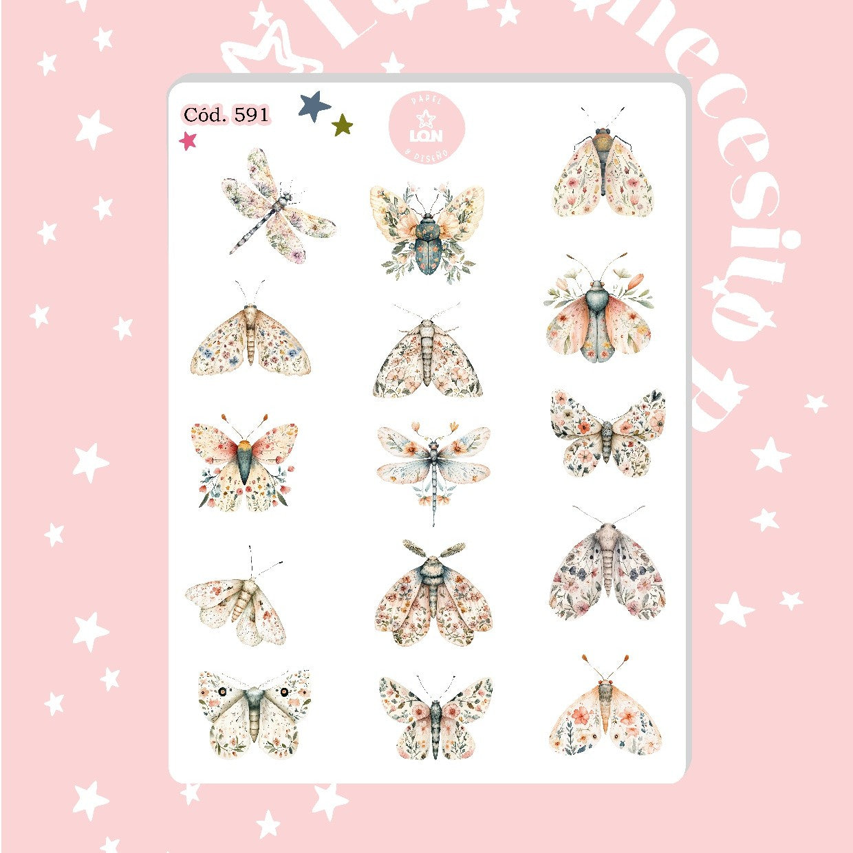 Sticker botánico bichito mariposa escarabajo 591