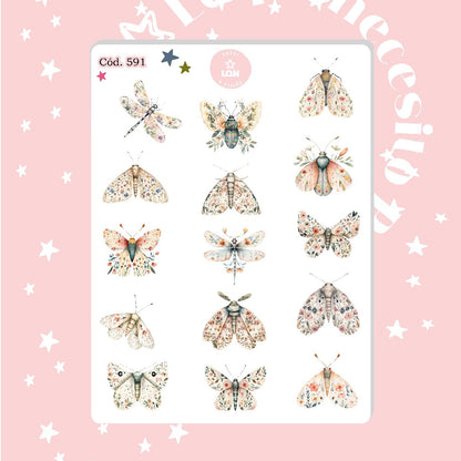 Sticker botánico bichito mariposa escarabajo 591
