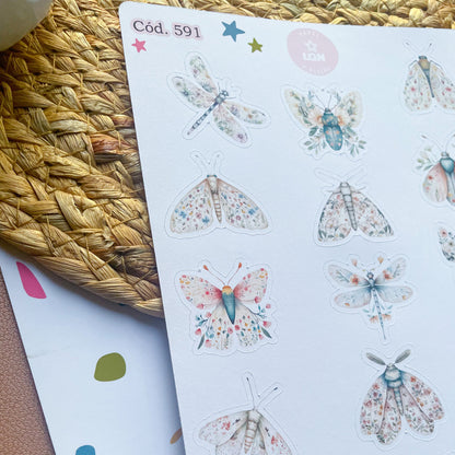 Sticker botánico bichito mariposa escarabajo 591